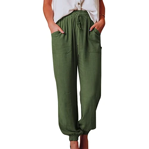 SDFRK® Women's Summer Causal Cotton Linen Loose Fluid Trousers Comfortable 7/8 Light Length Elastic Cord Sport Yoga Pants, Green, M