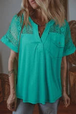 Sea Green Lace Patchwork Split Neck Textured Short Sleeve Blouse ea Green / / 100%Polyester