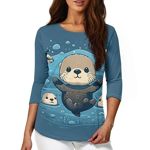 Sea Otter 3/4 Sleeve Shirts for Women Summer Blouses 2XL Cute Tops for Trendy Going Out Pullover Cas