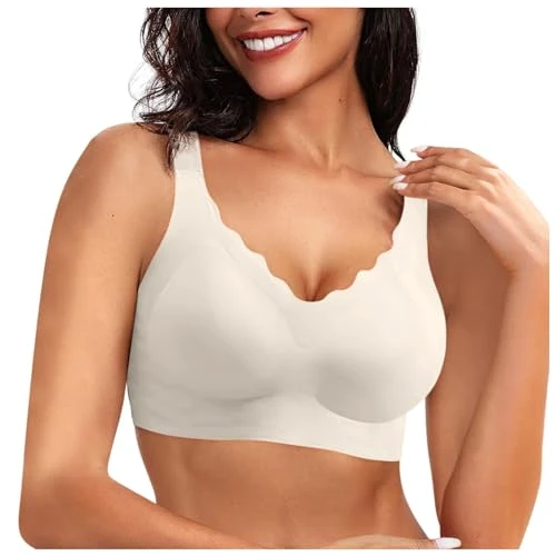 Seamless Bras for Women No Underwire Scalloped Push Up Bra Soft Wireless Comfort Bralettes Ultra Thin Shaping Underwear Full Coverage Ladies Bras Plus Size Wide Straps Womens Everyday Bra White