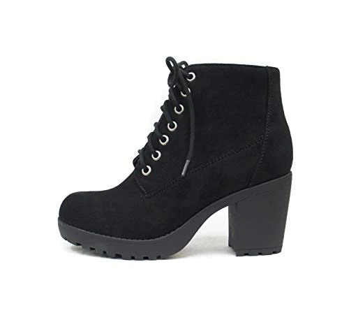 Second Lug Sole Chunky Heel Combat Ankle Bootie Lace up w/Side Zipper, Black Imitation Suede, 5 UK