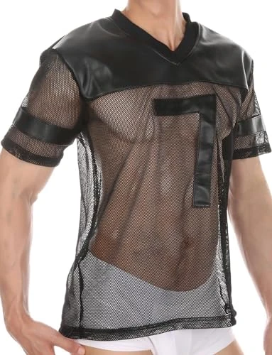 See Through Fishnet Top Mesh T Shirts for Men Transparent Pu Tee Round Neck Long Short Sleeve Party Club Top, Black-no.7, Large
