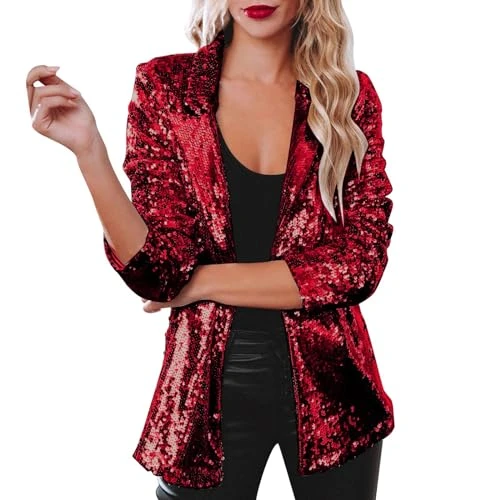 Sequin Blazer Women's Long Sleeve Glitter Party Shiny Coat Outerwear Blazer with Shoulder Pads 80s Women's Business Casual Style Fashionable Unique Design Glitter Jacket Women's Party, red, 12
