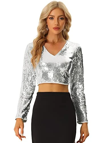 Sequin Crop Top for Women Long Sleeve V Neck Sparkly Shiny Party Blouse Shirt Silver M