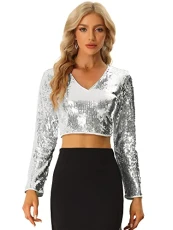 Sequin Crop Top for Women Long Sleeve V Neck Sparkly Shiny Party Blouse Shirt Silver S