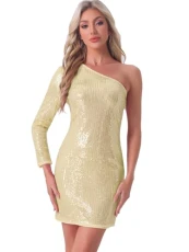 Sequin Dress for Women's Sparkly Glitter One Shoulder Halter Neck Party Club Dress Gold M