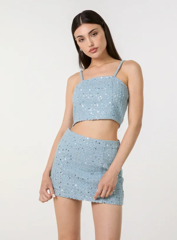 Sequin Embellished Denim Top - 14 - DENIM