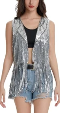 Sequin Fringe Vest Jacket for Women Hippie Sleeveless Shiny Glitter Open Front Cardigan Cowgirl Disc