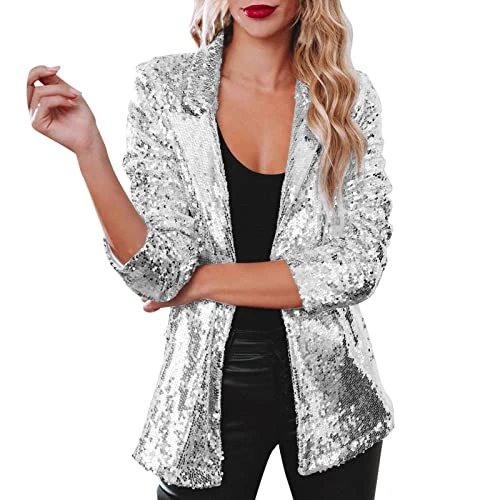 Sequin Jacket Blazers for Women UK Solid Color Long Sleeve Sequins Open Front Blazer Jacket Sparkly 