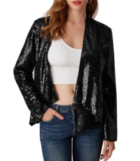 Sequin Jackets for Women Sparkle Sequin Blazer Jackets Long Sleeve Open Front Glitter Sequin Cardigan for Party Club Black L