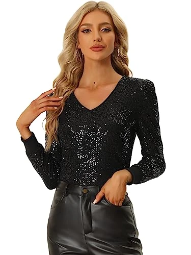 Sequin Top for Women's V Neck Party Metallic Sparkly Blouse Black XL