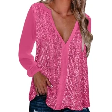 Sequin Tops for Women UK Sparkly Top Loose V Neck Tee Sleeve Glitter Evening Party Shiny Long Sleeve