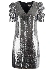 Sequined Georgette Dress, Silver/Black, Silver, 4 Sequined Georgette Dress, Silver/Black, Silver, 4