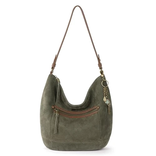 Sequoia Hobo Bag in Leather, Moss Suede, M