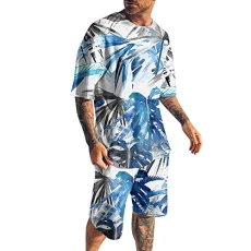 Set Black Quick-Drying 3D Short Sleeve Suit Shorts for Men Beach Tropical HawaiianSS Body Sports Shorts Suit Sports Suit Men's Suit Complete, White, L