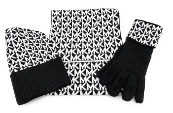 Set I Scarf/Hat/Gloves I Hat/Scarf/Gloves I Soft Acrylic Wool I Logo I Golden Gift Box I (Black), black, One size