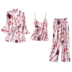 Set Lace Kimono Robe Pyjama Set: Nightdress Women's Sexy Satin Set Cotton Flowers Sexy Negligee and Long Pyjama Bottoms Lightweight and Thin Loungewear Sleepwear Elegant Dressing Gown with Belt