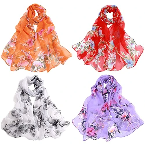 Set of 4 Womens Fashion Floral Print Scarves Elegant Lightweight Georgette Neckerchief 63" x 20", Style 5