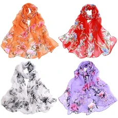 Set of 4 Womens Fashion Floral Print Scarves Elegant Lightweight Georgette Neckerchief 63" x 20", Style 5 Set of 4 Womens Fashion Floral Print Scarves Elegant Lightweight Georgette Neckerchief 63" x 20", Style 5