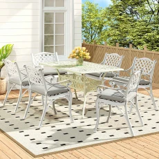 Set of Retro Garden Bistro Set Cast Aluminum with Cushions - White