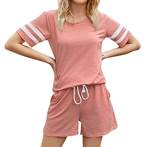Sets for Women Pyjama Sets 2 Piece Outfits Long Sleeve Crew Neck Loungewear Trousers Set Spirit Pyjamas Shorts Women's Sports Set Shorts Summer Set Short Sleeve Top Shorts Set for Women, pink, XL