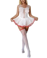 Sexy Lingerie for Women - Lace Babydoll Outfits 3 Piece Fishnet Bodysuit and Mini Skirt with Stockings White One Size