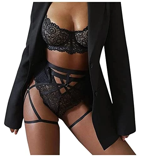 Sexy Lingerie for Women Sets, Sexy Outfits Women Uk Sexy Lace Lingerie Set Stockings Lingerie Suspenders Bra and Thong Set Lingerie Set with Suspenders and Stockings(Black,M)