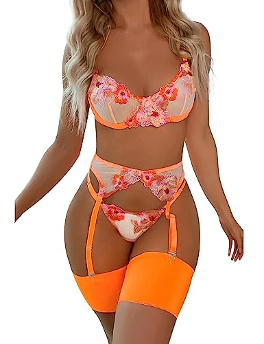 Sexy Lingerie Set for Women Naughty 4 Piece Lingerie Set with Floral Embroidered Lace Sheer Underwire Bra with G-String Thigh Bands with Garter Belt Lingerie Set, Orange, S