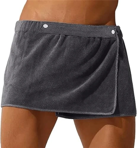 Sexy Sleep Bottoms for Men,Bathrobe Shorts, Men's Wearable Bath Towel,Male Solid Color Soft Nightwear, Short Towel Pants Side Split Bathrobe, Men's Bath Skirt (Grey)