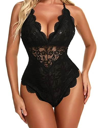 Sexy Snap Crotch Bodysuit for Women Naughty One Piece Lace Babydoll Lingerie Teddy Black XXL