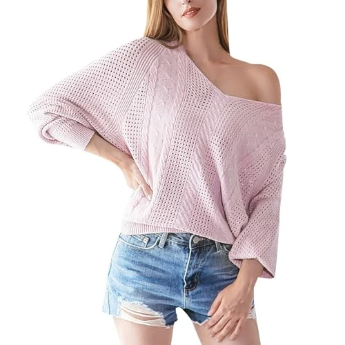 Sexy V Neck Sweaters for Women Off Shoulder Jumper Long Sleeve Lightweight Knit Top Casual Loose Fit