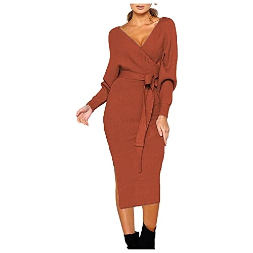 Sexy V Neck Wrap Batwing Sleeve Split Belted Sweater Dress for Women Clothing Women Sweatshirts, Wine, XXL