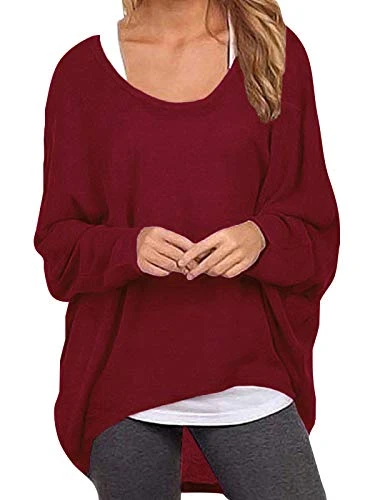 Sexy Women Loose Solid Irregular Long Sleeve Baggy Jumper Casual Tops Blouse T-Shirt Wine Red M