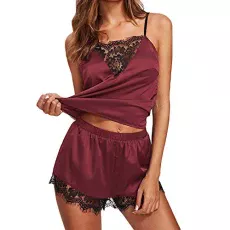 Sexy Women's Pyjama Set, Sleepwear, Leisure Suit, Two Piece Satin, Sleeveless Nightdress, Women's Lace Lingerie Set, Leisure House, Comfortable Shorts, Negligee, Sleepwear, B007-Wine Red, S