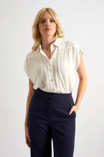 Shayla Moss Crepe Lace Trim Shirt - White Gold 4