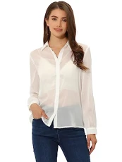 Sheer Button Up Shirts for Women's See Through Mesh Long Sleeve Shirt Tops White L