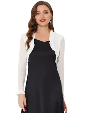Sheer Mesh Shrug for Women's Ruffled Trim Bolero Open Front Cropped Cardigan White S