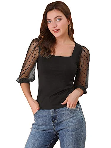 Sheer Top for Women, Square Neck Slim Fit Pull Over Elastic, 3/4 Sleeve Blouse Black 12