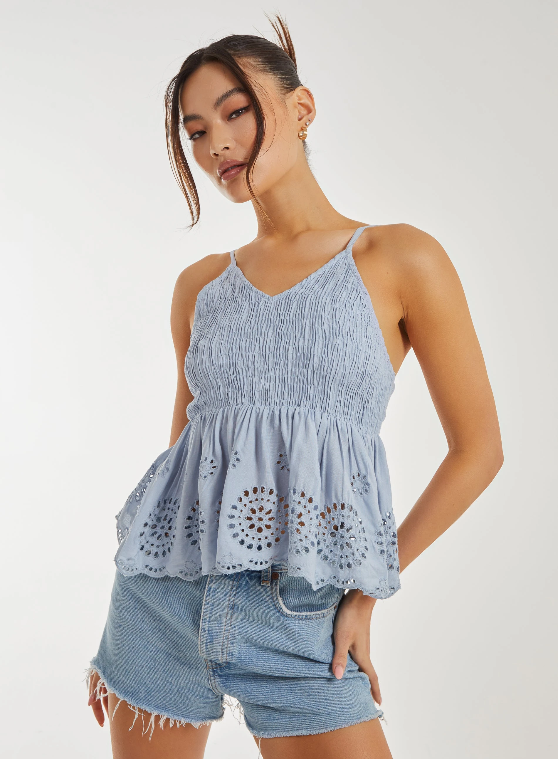 Shirred Broderie Crop Top Blue