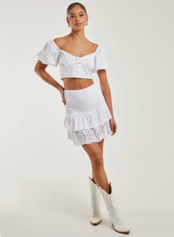 Shirred Broderie Ruffle Mini Skirt - S - Ivory