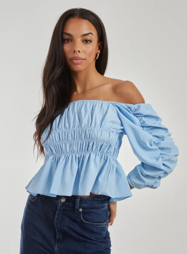 Shirred Detail Puff Sleeve Crop Top - - Blue