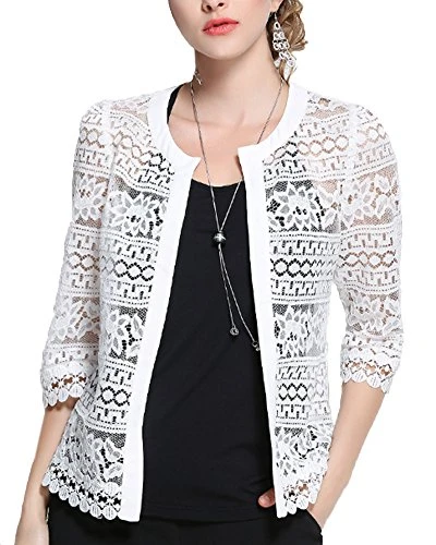Shirt Women's Lace Jacket Round Neck Cardigan 3/4 Sleeve Slim Fit Tops White 5XL