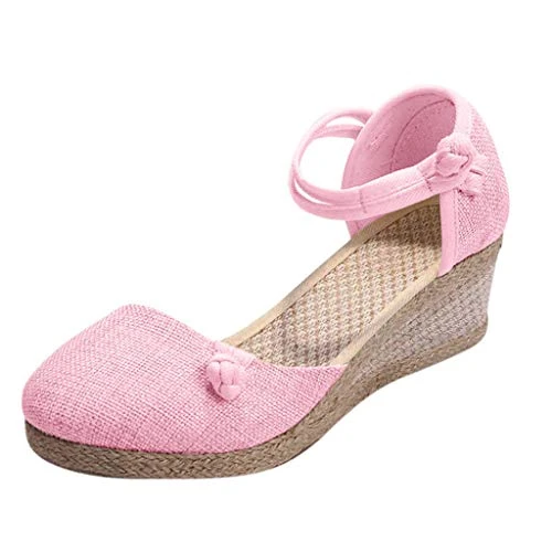 Shoes For Women Wedges, Linen Canvas Wedge Round Toe Occasion Sandals Woven Sandals Buckle Sandals C