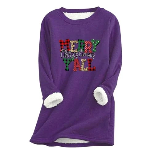 Shopping Online Christmas Sweatshirts for Women UK Long Sleeve Winter Warm Fuzzy Fleece Thickened Sweater Crew Neck MERRY CHRISTMAS Print Lined Blouse Ladies Xmas Thermal Underwear Tops