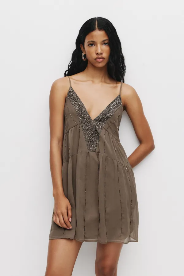 Short Beaded Dress - Mole brown