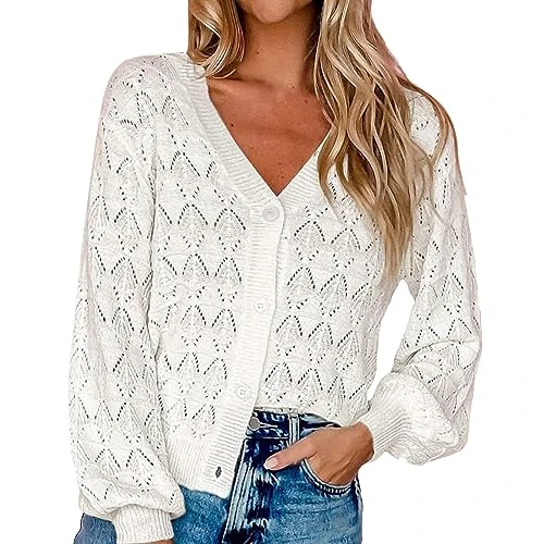Short Cardigan Women's Cardigan Short Long Sleeve Crochet Knitted V-Neck Button Down Long Wool Pullover Women's Cardigan with Hole Embroidery, White, Large
