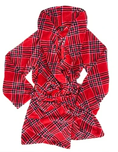 Short Cozy Robe, Women's Lingerie (XS-XXL), Red Plaid, M-L