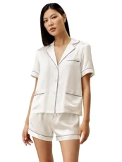 Short Silk Pyjama Set for Women 100% Mulberry Silk 22 Momme 2 Piece Short Pants Sleepwear for Summer M, White