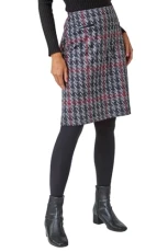 Short Skirt for Women UK Ladies Brushed Lined Stretch A ine Winter Autumn Smart Casual Mini Fitted Bodycon Jersey Pull On Elasticated Waist Work Party - Red Black ize 14