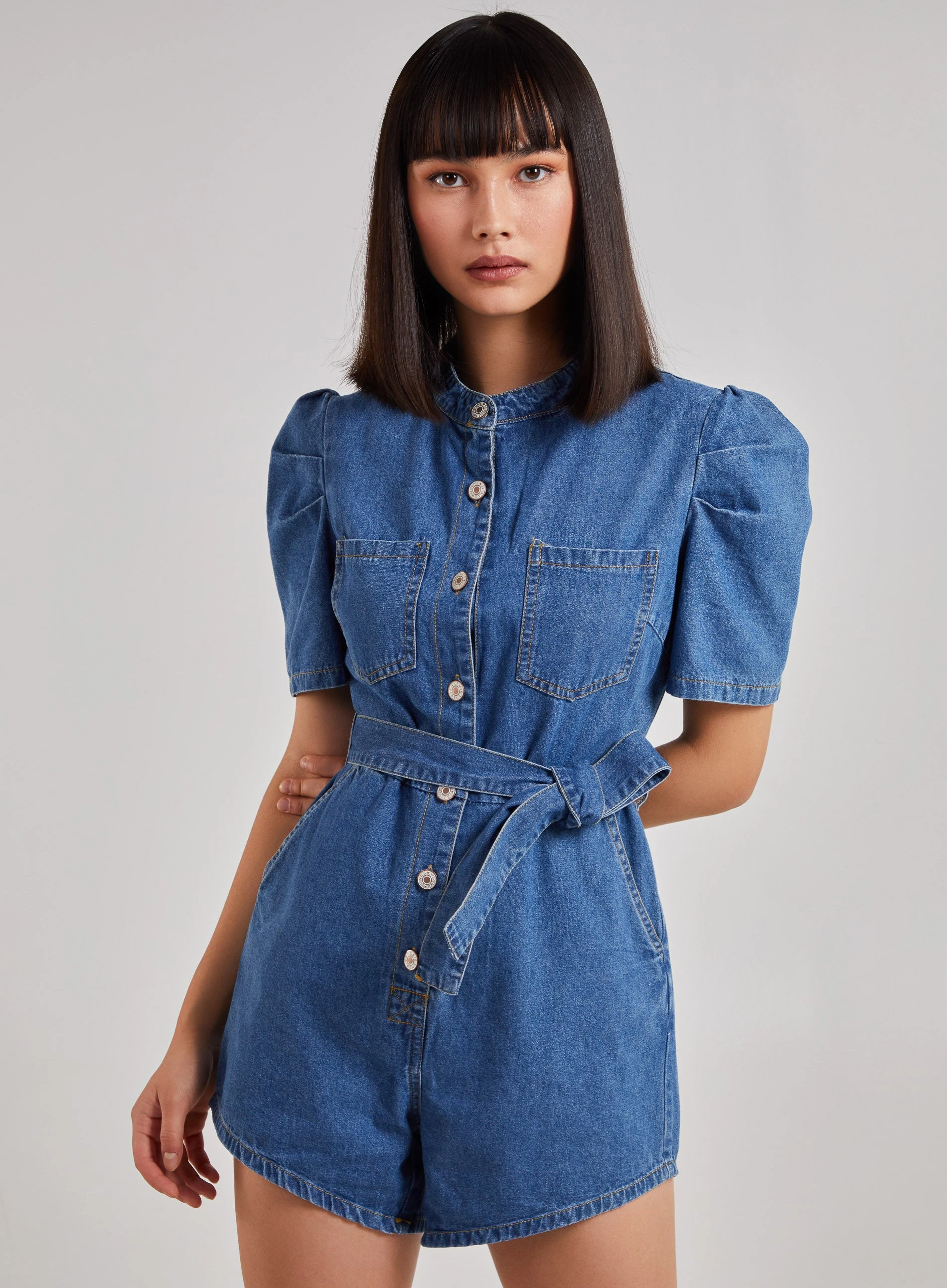 Short Sleeve Belted Denim Playsuit  - 8  - Denim